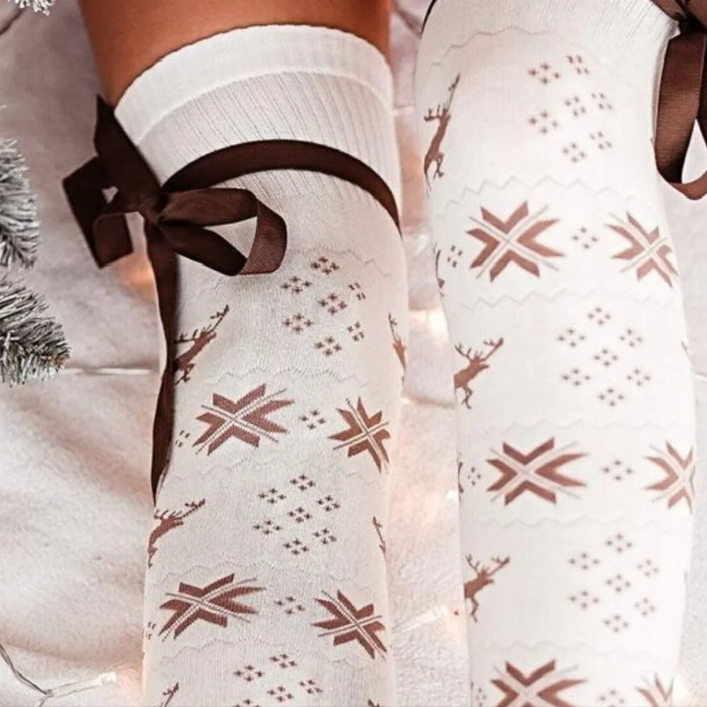 Tall Reindeer Fair Isle Over-the-knee Socks Long Ribbon Bow Stocking Holiday